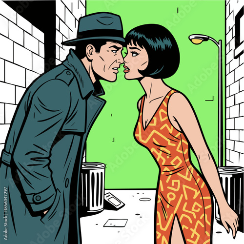 Vintage comic illustration of spy confrontation in dark alley.