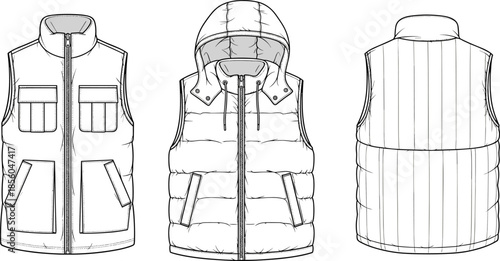 Men padded vest and hooded puffer jacket fashion technical sketch showing front back views cad drawing flat vector illustration