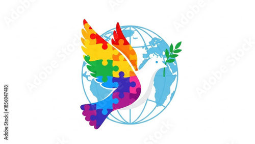 Vibrant puzzle piece dove flying over globe with olive branch symbolizing unity, peace, and harmony worldwide with colorful jigsaw elements