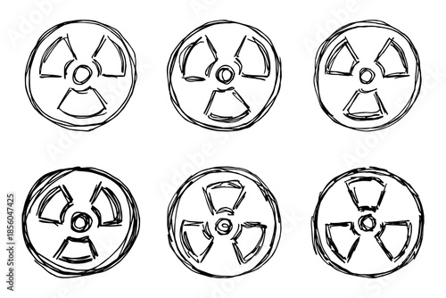 Set of hand drawn radiation sign Nuclear radiation hazard symbol Radioactive danger warning doodle Radioactive waste Single element for print, web, design, decor