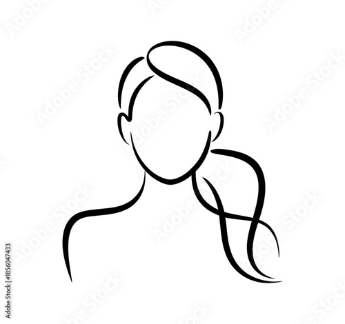A minimalist line drawing depicts the upper body and head of a woman with her hair pulled back in a ponytail, rendered in a simple black and white sketch style.