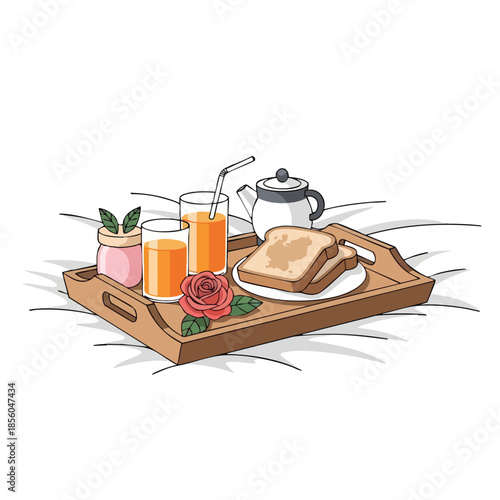 Breakfast in bed tray illustration romantic morning meal service