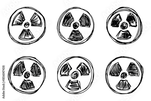 Set of hand drawn radiation sign Nuclear radiation hazard symbol Radioactive danger warning doodle Radioactive waste Single element for print, web, design, decor