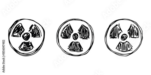 Set of hand drawn radiation sign Nuclear radiation hazard symbol Radioactive danger warning doodle Radioactive waste Single element for print, web, design, decor