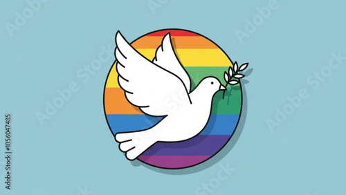 White dove flying with olive branch in front of rainbow colored circle on light blue background symbolizing peace and harmony