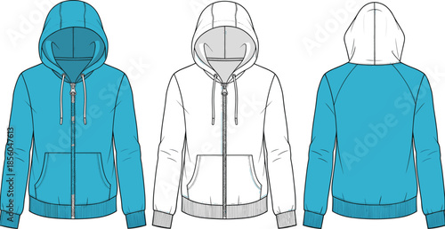 Men zip up hoodie fashion technical sketch showing front back views with color variations cad drawing flat vector illustration