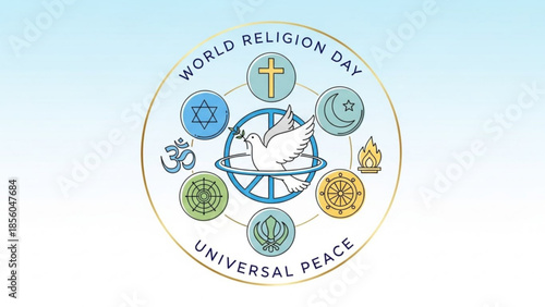 World religion day logo with dove and symbols of faiths on white and blue background, representing unity and universal peace