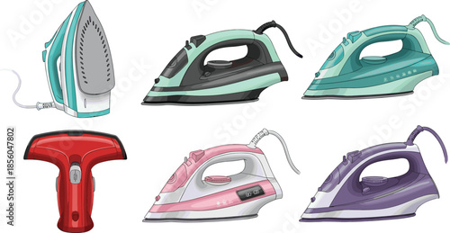 Modern electric steam irons collection in different colors and designs, household laundry appliances set, clothing care equipment, flat vector illustration