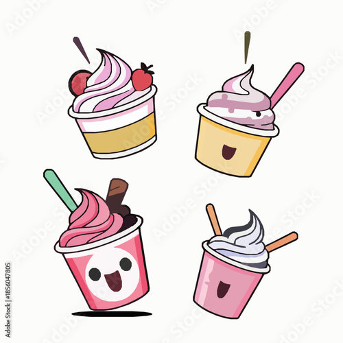 Playful kawaii frozen yogurt and ice cream with fruit toppings cartoon vector