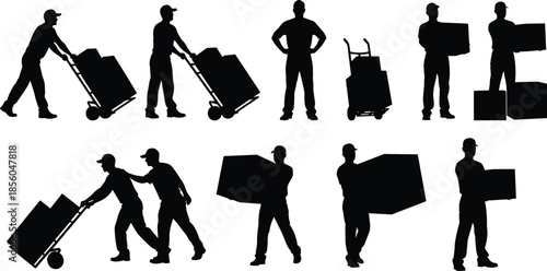 Moving and delivery worker silhouette set carrying boxes and using hand trucks, logistics transportation labor poses collection, warehouse service concept, flat vector illustration