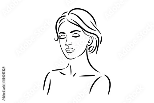 A simple, minimalist line drawing of a woman with her eyes closed, conveying a sense of peace or meditation, against a clean white background.