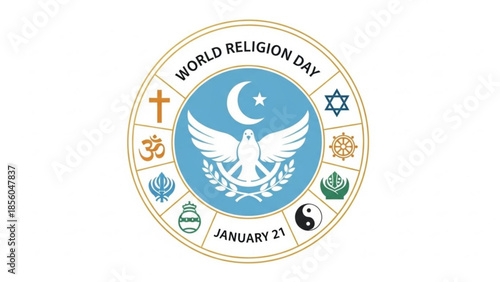 World religion day logo with dove, crescent moon, star, and symbols of various faiths on january 21