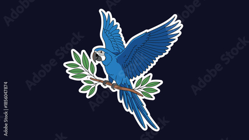 Blue Macaw Parrot Flying with Green Branch Vector Illustration
