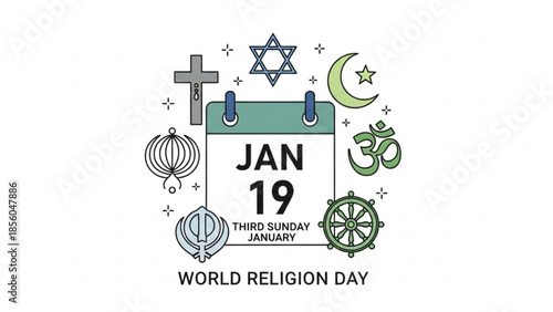World religion day january 19th third sunday calendar icon with cross star of david crescent moon om wheel of dharma and islamic symbols