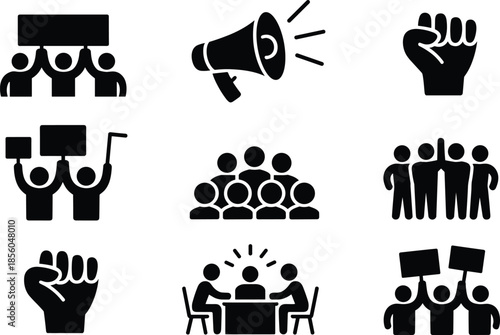 Black protest and activism icon set, featuring people crowd megaphone raised fist demonstration symbols for social movement design