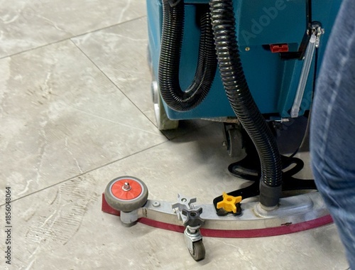 Teal Rideon Scrubber Thoroughly Cleaning Glossy Tile Surfaces, Professional Cleaning Team Utilizes Modern Equipment To Maintain Sanitary Conditions Efficiently In Business Premises