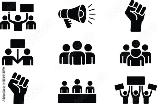 Black protest and activism icon set, featuring people crowd megaphone raised fist demonstration symbols for social movement design