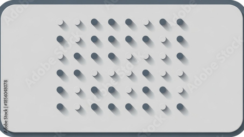 Gray metallic speaker grill with rounded rectangular shape and dark blue border, featuring a pattern of small oval holes for sound emission