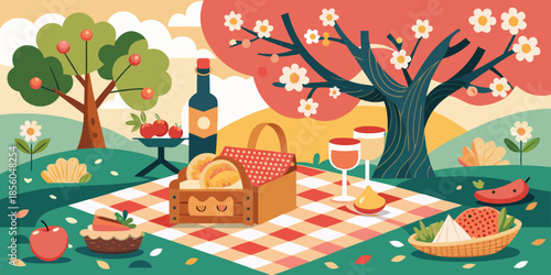 Cheerful picnic spread under blooming trees with food and drink