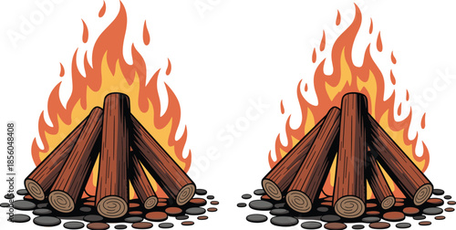 Campfire illustration with burning wood logs and flames isolated on white background vector design for outdoor camping adventure concept