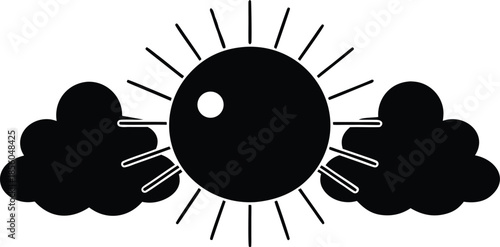 Black sun with rays and clouds white weather