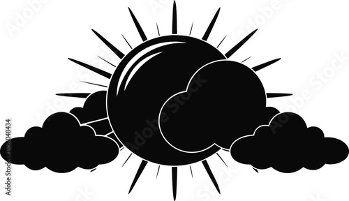 Black sun with rays behind clouds white