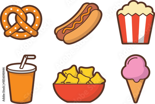 Cartoon fast food icons set, featuring pretzel hot dog popcorn soda nachos ice cream flat vector illustration for snack menu