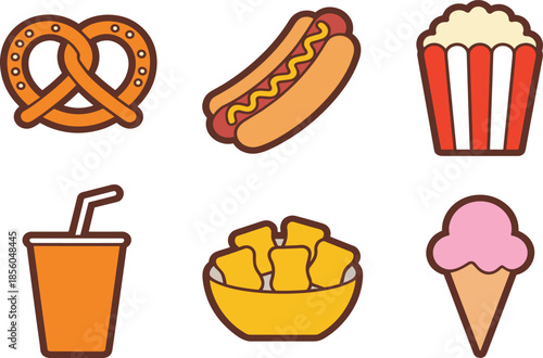 Cartoon fast food icons set, featuring pretzel hot dog popcorn soda nachos ice cream flat vector illustration for snack menu