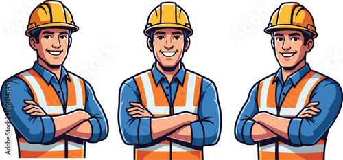 Smiling construction worker cartoon character set wearing safety helmet and reflective vest, professional builder portraits collection, industry workforce concept, flat vector illustration