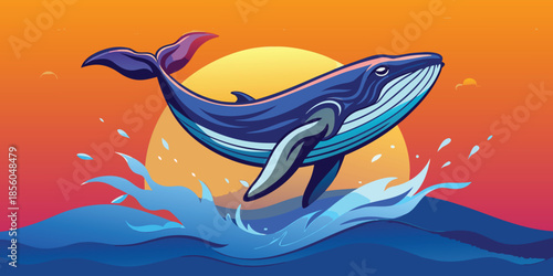 Stylized humpback whale breaching ocean waves at sunset