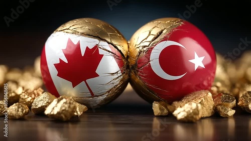 Dramatic close-up of two national flags facing each other, cracked globe with metallic ores between, raw material tensions symbolism, with copy space