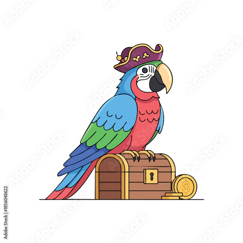 Pirate Parrot on Treasure Chest Vector Illustration