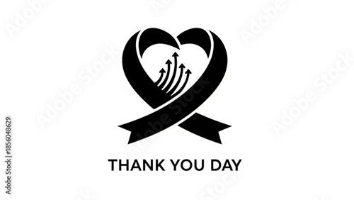 Black heart ribbon with arrows and thank you day text on white background, symbolizing gratitude and appreciation