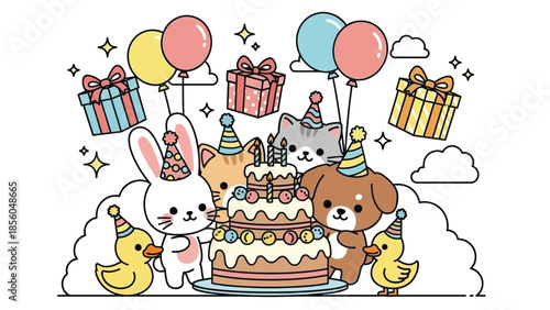 Cute cartoon animals celebrate a joyful birthday party with cake and presents