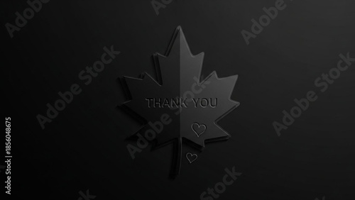 Black maple leaf with thank you text and hearts on dark background, gratitude symbol, appreciation concept, canadian icon