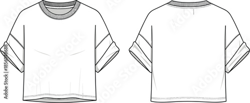 Women cropped t-shirt with rolled sleeves fashion technical sketch showing front back views cad drawing flat vector illustration
