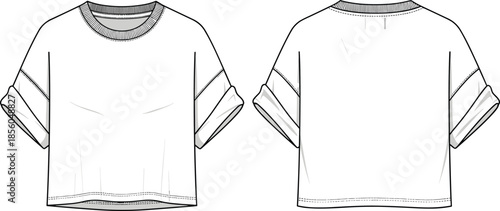 Women cropped t-shirt with rolled sleeves fashion technical sketch showing front back views casual wear cad drawing flat vector illustration