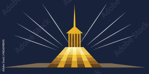 Golden spire radiating light beams on dark blue background