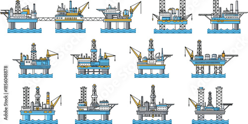 Offshore oil rig and gas platform set, industrial energy structures on sea, cad drawing flat vector illustration isolated on white background