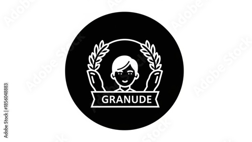 Black circle logo with white cartoon child face and laurel leaves around, smiling and holding up leaves, granude banner