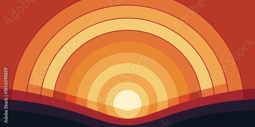 Symmetrical sunrise with concentric orange and yellow arcs