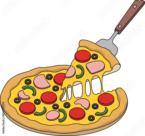 Cartoon pizza slice illustration with melted cheese pepperoni olives mushrooms and spatula isolated on white background food design