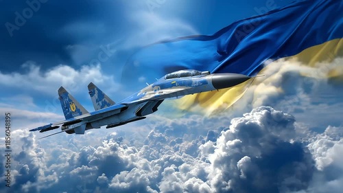 Dynamic low-angle shot of fighter jet with national flag backdrop, patriotic strength symbolism, military readiness, aviation power, with copy space