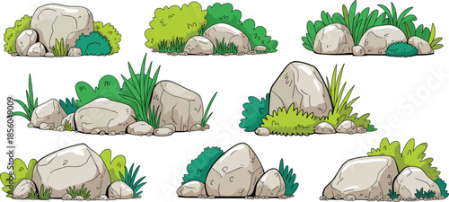 Cartoon rocks and bushes set illustration, with stones grass and plants isolated on white background vector nature elements collection