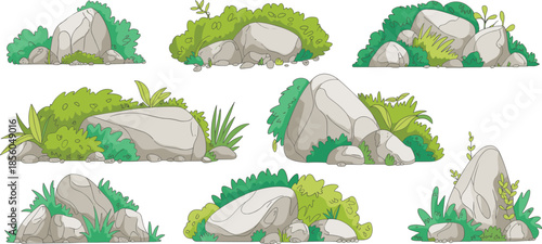 Cartoon rocks and bushes set illustration, with stones grass and plants isolated on white background vector nature elements collection