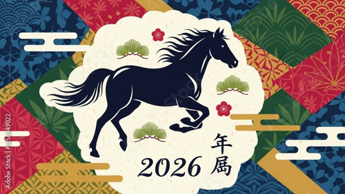 Vibrant 2026 year of the horse graphic with running black horse, colorful floral patterns, and asian inspired design elements for cultural
