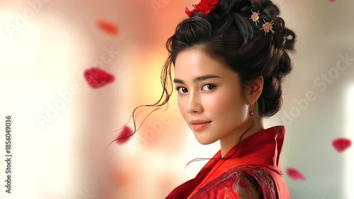 Elaborately styled hair with decorative pins, floating petals fore and background, serene expression, cinematic soft-focus, cultural elegance, with copy space