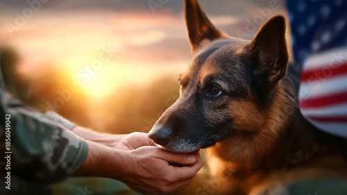 Emotional scene of veteran resting hand on service dog, both facing sunset, national flag waving behind, warm tones, service companionship, defocused background, with copy space