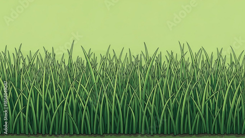 A vibrant green grassy field with lush blades of grass against a light green background, natural scenery