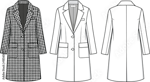 Women long coat fashion technical sketch showing front back views with houndstooth pattern cad drawing flat vector illustration